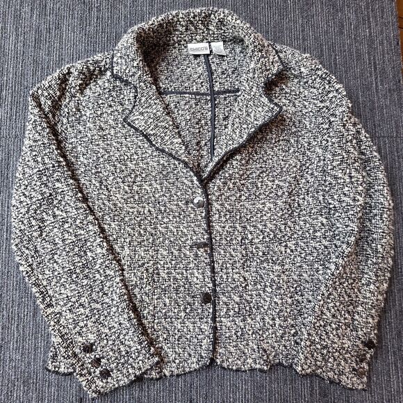 Chicos Wool Blend Tweed Button Front Blazer Size 1 (Medium) Black Cream Boucle - Picture 1 of 9